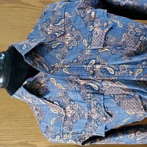 2OH Western cut denim paisley fringe snap up shirt
